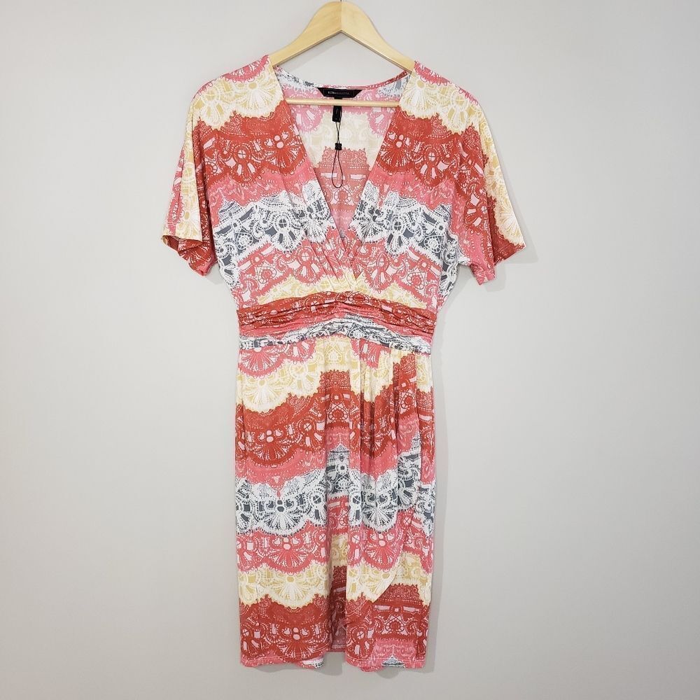 BCBGMaxAzria Small Lace Print  Patterned Faux Wrap Dress Ruched Waist NWOT